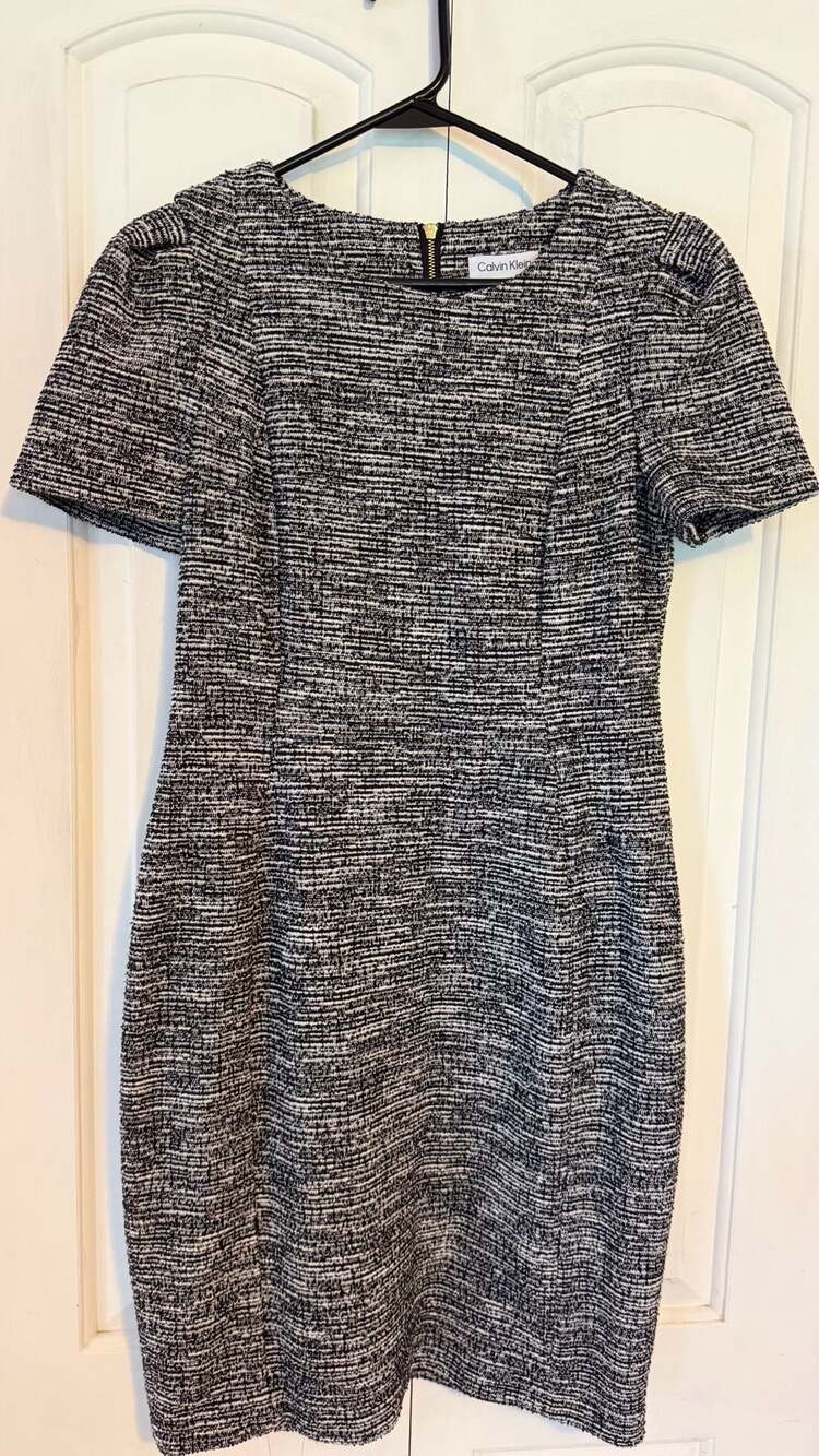 Calvin Klein Short Sleeve Tweed Sheath Dress, Black and White, Size 12P
